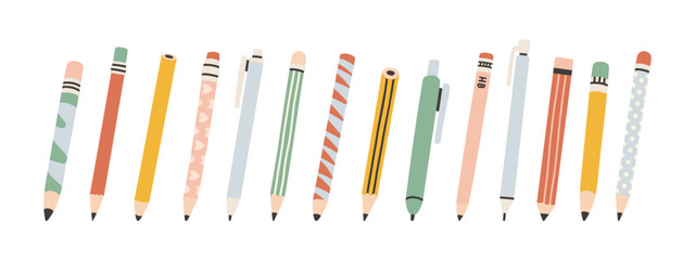 Cute pencil set. Collection of pencils. Cute design in pastel colors. Flat design style vector illustration.
