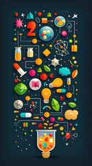Obraz premium A colorful scientific illustration featuring lab equipment, chemical reactions, and vibrant elements on a dark backdrop