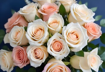 Obraz premium A close-up view of a bouquet of beautiful white and peach roses with soft, delicate petals arranged in a lush, floral pattern