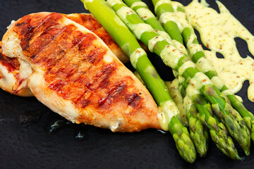 Chicken fillet and asparagus.