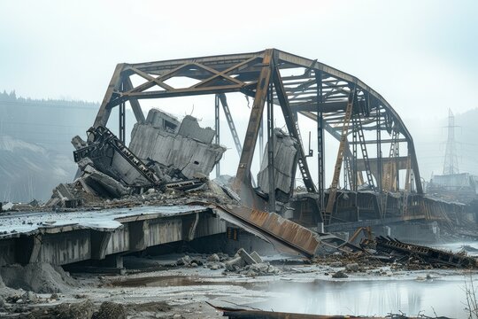Destroyed metal bridge with concrete debris in a foggy landscape