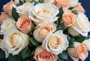 Obraz premium A close-up view of a bouquet of beautiful white and peach roses with soft, delicate petals arranged in a lush, floral pattern, blue, pink, purple, white roses
