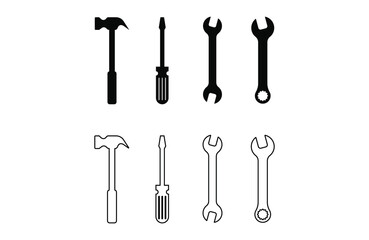 set of tools for repair icon vector design silhouette and outline design on white background