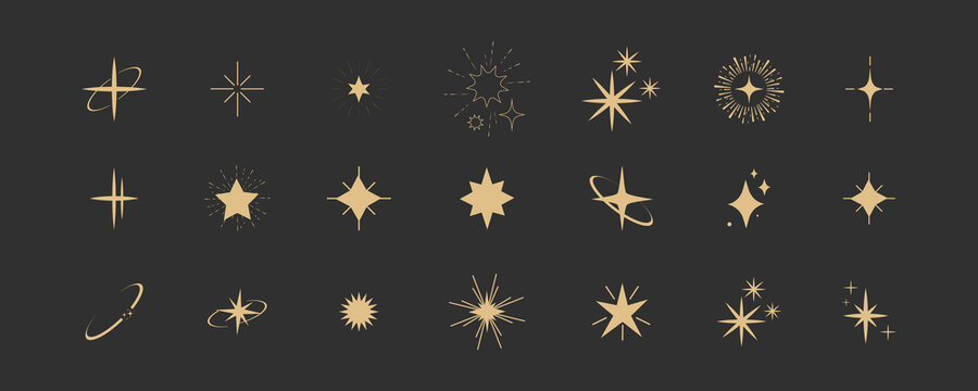 Set gold shine sparkle icon glare,light,blink star minimal shape, burst and rays golden decoration. Twinkle magic comic shine isolated on dark background.