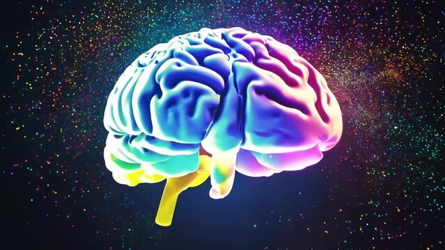 Concept art of a human brain exploding colorful particles