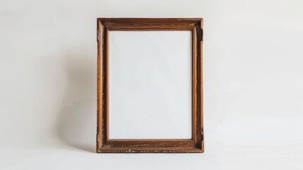 Fototapeta premium Vintage wooden picture frame with canvas cutout on white backdrop