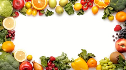 Frame with lots of healthy fruits and vegetables with copy space