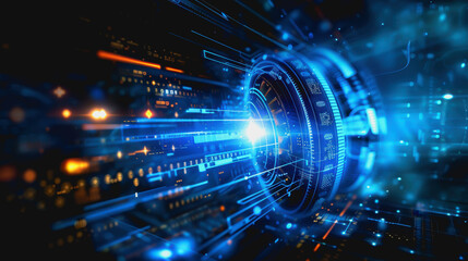 Modern digital landscape with blue circuits and interconnected networks, futuristic cyber environment