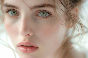 Fototapeta premium Young woman with natural beauty, close-up face shot, soft and natural light, editorial magazine style