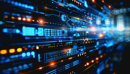 Modern digital landscape with blue circuits and interconnected networks, futuristic cyber environment