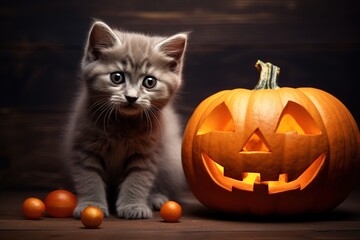 Grey cat sitting near pumpkin in Halloween decorated room