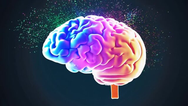 Concept art of a human brain exploding colorful particles