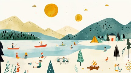 A whimsical childrens summer camp by a lakeside with kids building sandcastles canoeing and singing songs around a campfire capturing the essence of carefree summer days and childhood adventures