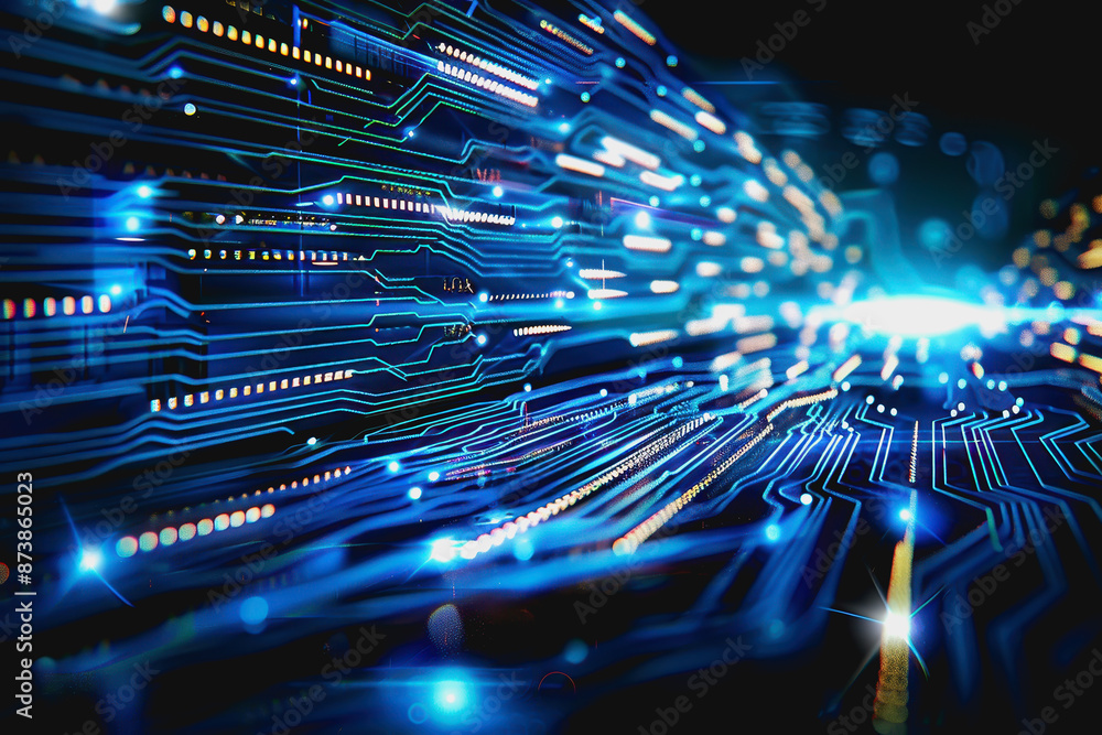 Poster high-tech digital interface with blue circuitry, depicting futuristic and advanced technology