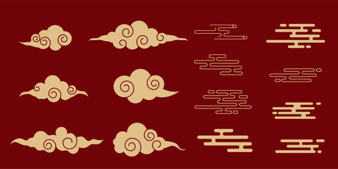 Japanese cloud set, asian traditional wavy curly ornament. China ornament, eastern decoration doodle, line. Clouds flow with the wind in the sky .