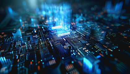 High-tech digital interface with blue circuitry, depicting futuristic and advanced technology