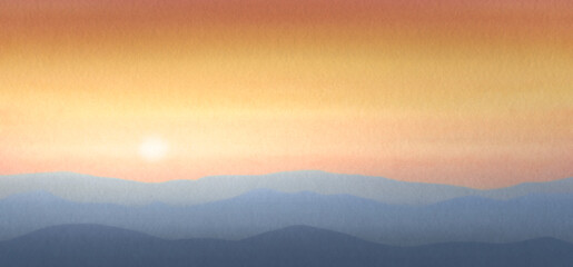Abstract sunset painted with a brush. Horizontal gradient from blue to orange watercolor background, wash technique. Orange blue watercolor background. Bright sky and water watercolour.