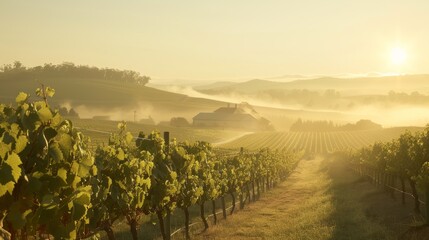 Fototapeta premium A picturesque vineyard during the grape harvest with workers handpicking grapes the sun casting a golden glow over the rolling hills and a rustic farmhouse in the distance