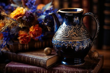 Elegant Ornate Blue Ceramic Jug and Colorful Flowers with Antique Books Still Life