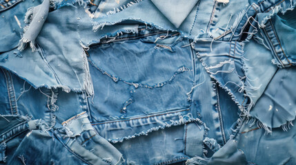 Naklejka premium Blue jeans torn and tattered, a tapestry of style. Ripped denim background, a tribute to reuse and recycle.