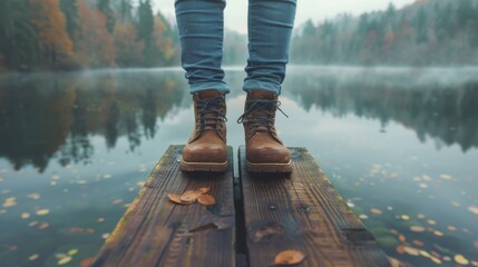 Obraz premium A person stands with his back to the lake on a wooden pier jutting out over the calm lake. The emphasis on the pier's weathered legs and boards provides a sense of calm and connection to nature.