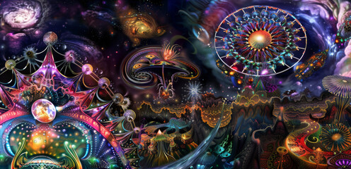 Fototapeta premium DMT or LSD trip into the realm with merry go round and other worldly scene. Surrealistic artwork of a psychedelic mushroom in a strange realm, trippy, surreal, psychedelic