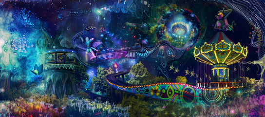 DMT or LSD trip into the realm with merry go round and other worldly scene. Surrealistic artwork of a psychedelic mushroom in a strange realm, trippy, surreal, psychedelic