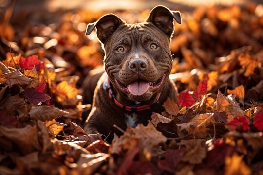 Happy Pitbull Dog in Autumn Leaves - Joyful Pup Enjoying Fall Season Outdoors - Powered by Adobe