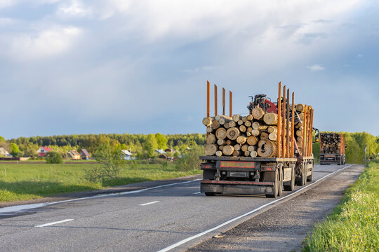 A truck loaded with logs drives on a country road, with another truck afar. Green grass and trees flank the road.