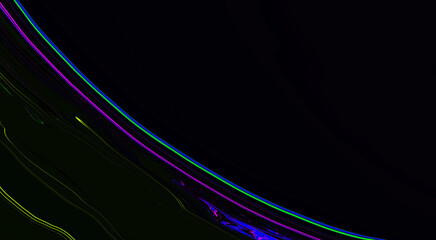 Bright fluid purple pink neon light green blue line on black background. Art trippy digital glitch backdrop. Banner. Card. Tech pattern. Rock. Brochure. Geometric texture. Innovation. Copy space. CG