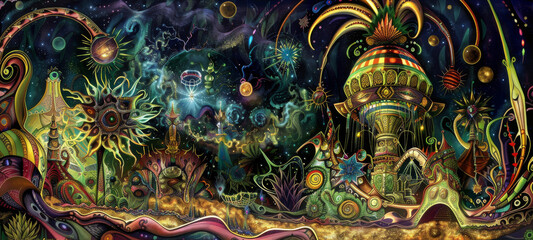 Fototapeta premium DMT or LSD trip into the realm with merry go round and other worldly scene. Surrealistic artwork of a psychedelic mushroom in a strange realm, trippy, surreal, psychedelic