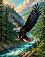 A majestic bald eagle soars over a mountain river in a breathtaking wilderness landscape.