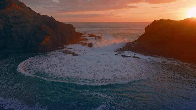 Aerial: Tranquil heavenly dreamy cove with waves crashing in it at sunset. Piha, Auckland, New Zealand.