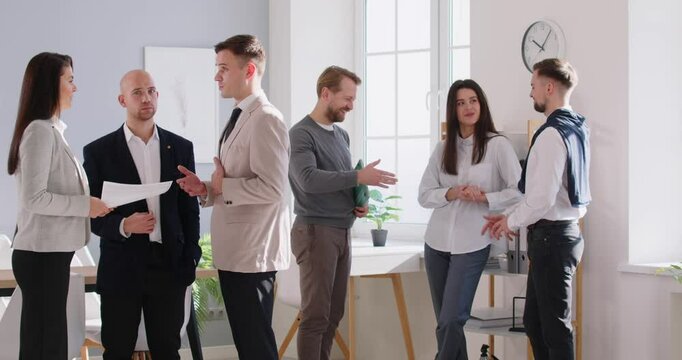Working atmosphere in office group of people business negotiations. Business negotiations at office handshakes successful deals Beneficial agreements propel business negotiations businesspersons
