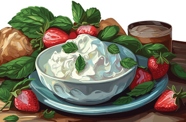 Still life with natural cottage cheese with fresh ripe