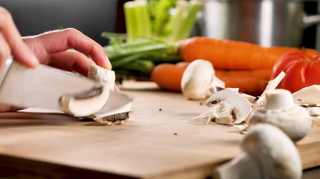 Chopping vegetables on wooden board