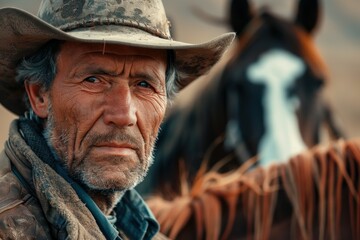 Fototapeta premium Portrait of an old cowboy and horse on background
