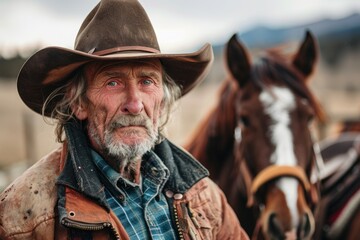 Fototapeta premium Portrait of an old cowboy and horse on background