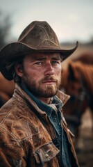 Obraz premium Portrait of an old cowboy and horse on background