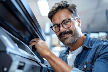young businessman fixing a cartridge in a photocopy machine at the office - showcasing the daily routine of a professional in a technology-driven work environment.