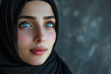 Naklejka premium Portrait of charming young Muslim girl looking at camera, Young Islamic girl close up photograph isolated in copy space blurry background, sharp looking beautiful innocent Muslim lady wearing hijab