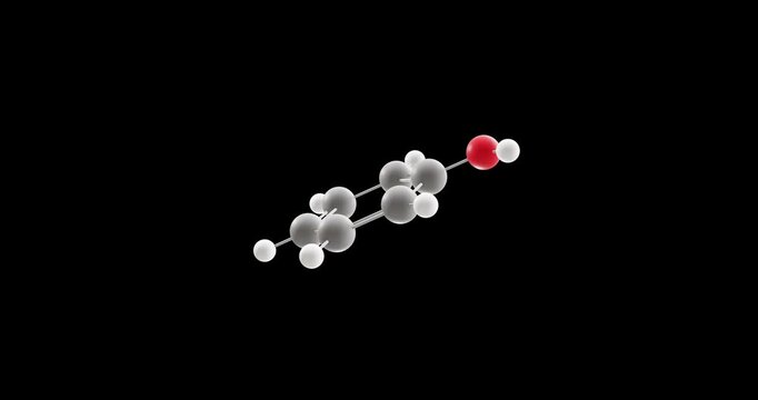Phenol molecule, rotating 3D model of benzenol, looped video on a black background