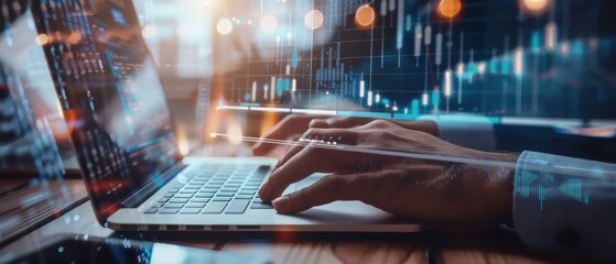 A professional analyzing financial data on a laptop, overlayed with stock market graphs and digital financial indicators, depicting modern financial management and data-driven decision-making.

