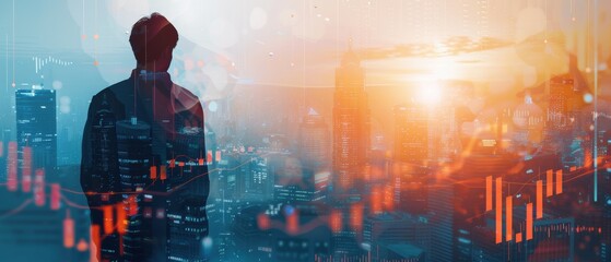 Silhouette of a businessman overlaid with dynamic cityscape and financial data, symbolizing strategic vision and market analysis.
