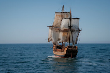 Spanish caravel sailing in the open sea, columbus day.