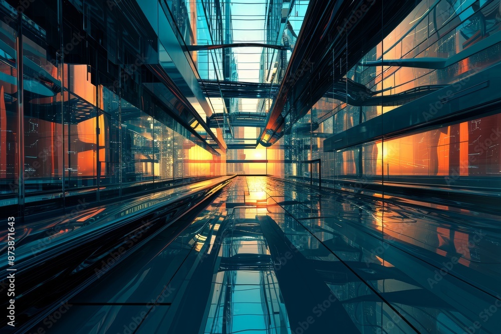 Fototapete Modern computer graphics illuminate futuristic abstract architecture, AI generated