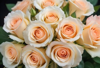 Obraz premium A close-up view of a bouquet of beautiful white and peach roses with soft, delicate petals arranged in a lush, floral pattern, blue, pink, purple, white roses