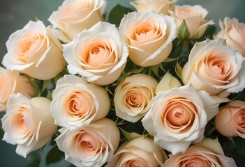 Obraz premium A close-up view of a bouquet of beautiful white and peach roses with soft, delicate petals arranged in a lush, floral pattern, blue, pink, purple, white roses