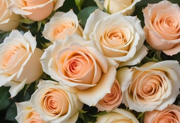 Obraz premium A close-up view of a bouquet of beautiful white and peach roses with soft, delicate petals arranged in a lush, floral pattern, blue, pink, purple, white roses