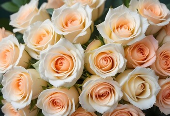 A close-up view of a bouquet of beautiful white and peach roses with soft, delicate petals arranged in a lush, floral pattern, blue, pink, purple, white roses